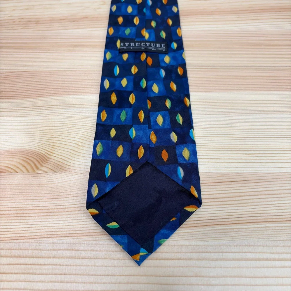 VTG STRUCTURE Silk Tie Men‎ Blue Geometric Leaf Check USA Made Abstract Colorful